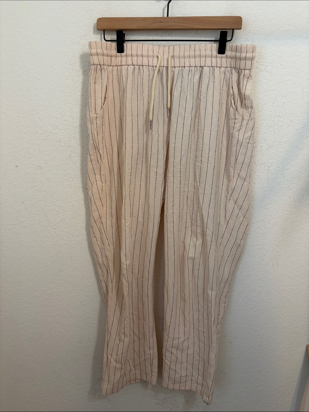 iWoo L Beige Striped Linen Blend Drawstring Pants Casual Beach Wide Leg Boho